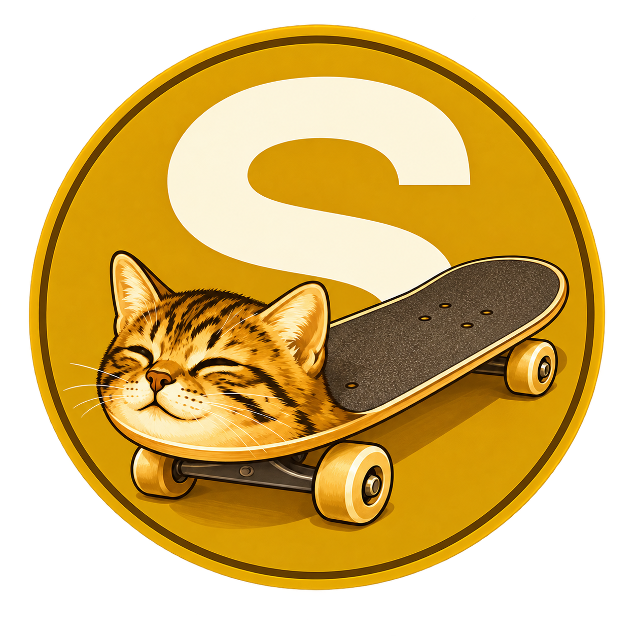 SCATE logo: a sleepy tabby cat lying on a golden skateboard inside a gold coin